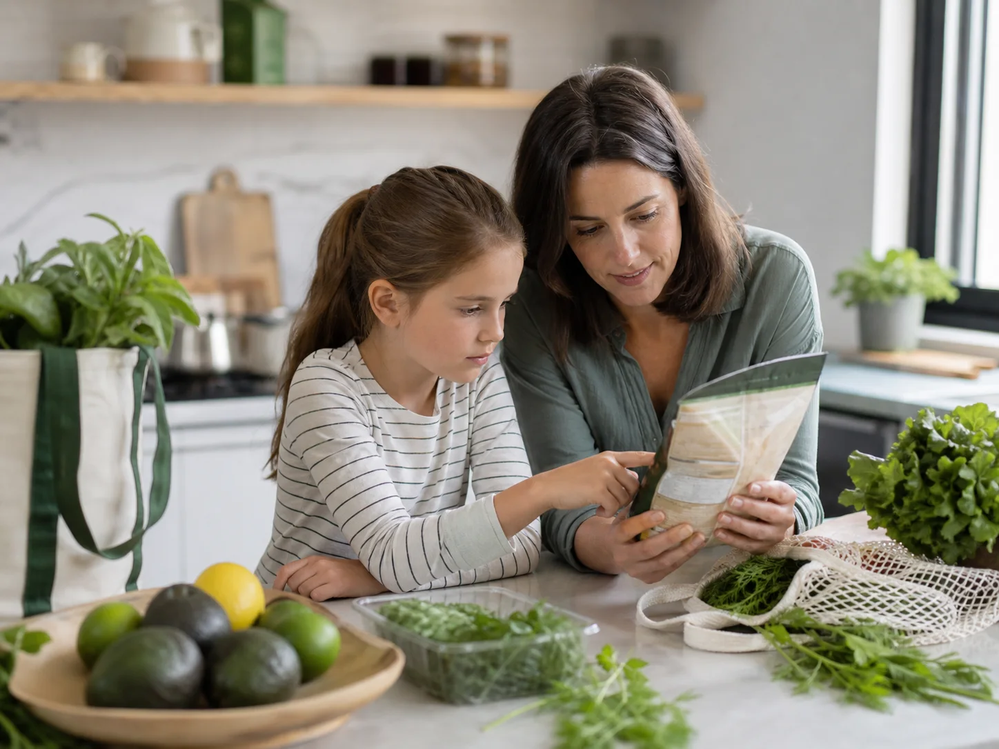A parent and child reading a packaged food ingredient label together